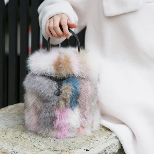 2022 New Women's Fashion Fox Fur Bucket Bag Lovely Mixed Color Crossbody Shoulder Bags Ladies Totes Bags 8811