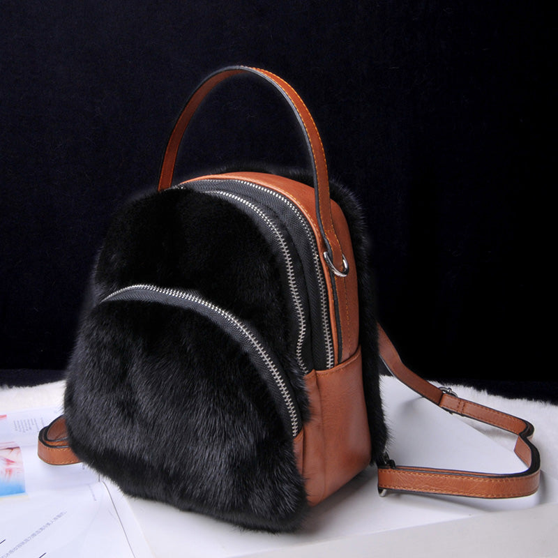2022 New Women's Real Mink Fur Backpack Fashion Female Fur Shoulder Bags Cowhide Backpack Female Crossbody Bags 8824