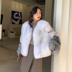 2022 New Women's Fox Fur Coat Silver Fox Sleeve Luxury Fluffy Fur Overcoat Warm Winter 4920
