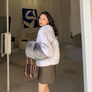 2022 New Women's Fox Fur Coat Silver Fox Sleeve Luxury Fluffy Fur Overcoat Warm Winter 4920