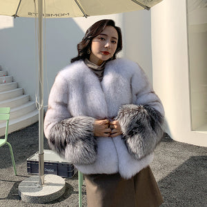 2022 New Women's Fox Fur Coat Silver Fox Sleeve Luxury Fluffy Fur Overcoat Warm Winter 4920