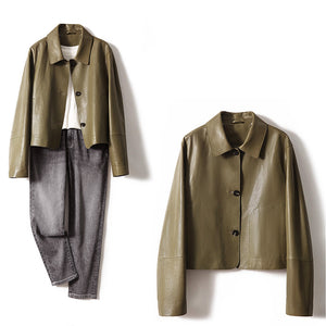 Lady Oversize Leather Jackets Fashion Green Color Sheepskin Leather Coats Women Retro Clothes New Arrivals ZM4048