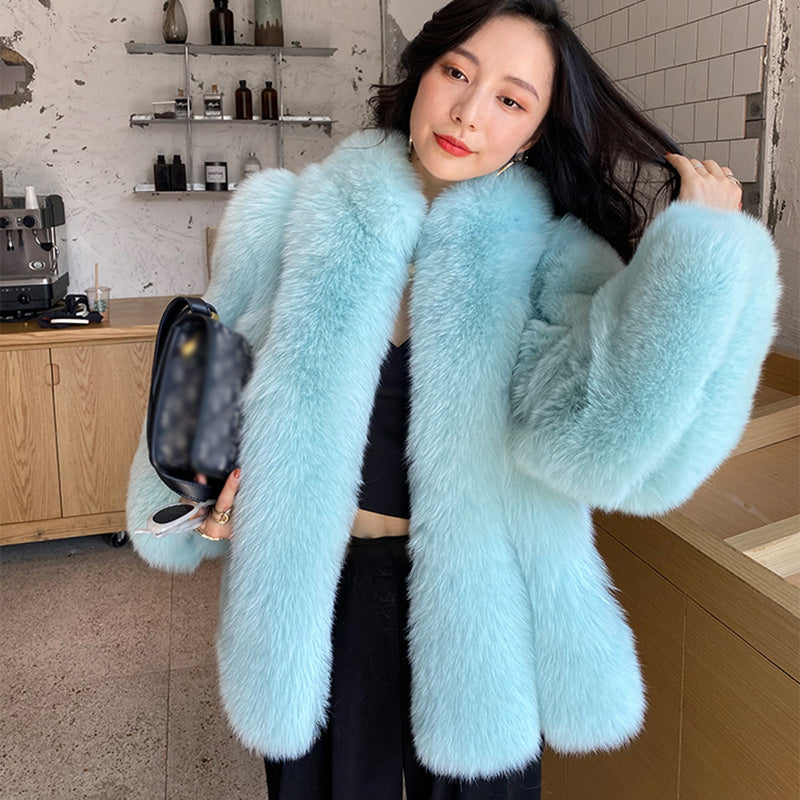Ladies Fox Fur Coat 2022 New Long Sleeve Stand Collar Fluffy Fur Luxury Overcoat Mid Length Warm Winter 4918