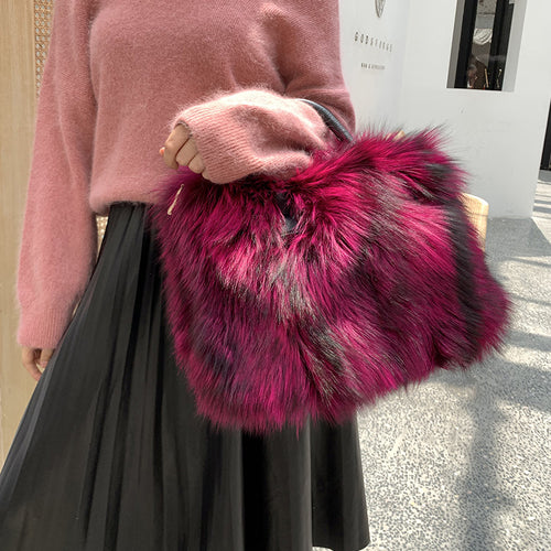 Women's Real Fox Fur Handbag Silver Fox Fur Messenger Bag Large Capacity Totes Warm Shoulder Bag 7955