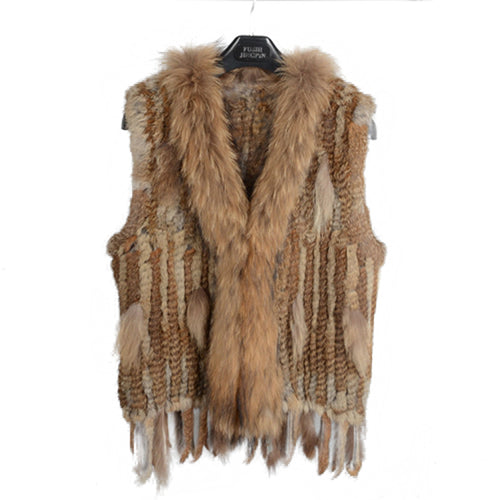 Women Real Rabbit Fur with Raccoon Fur Collar Gilet Winter Natural Brown Waistcoat