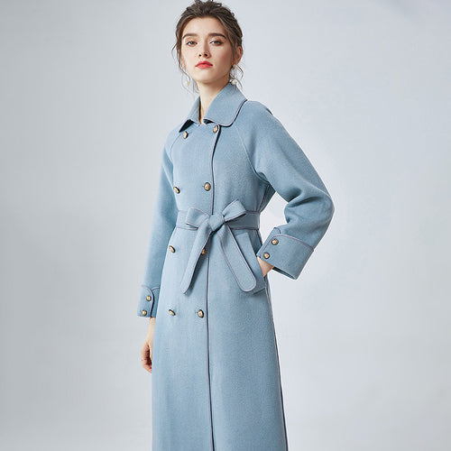 2022 New Women Wool Coats Cashmere Slim Solid Trench Long Coats Belt Winter 4827