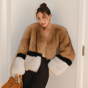 2022 New Women's Imported Fox Fur Coat Long Sleeve Winter Luxury Fluffy Overcoat 4894