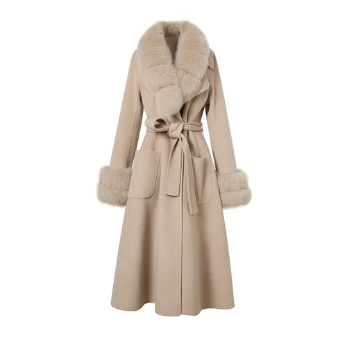 Wool Trench Coat with Real Fox fur Collar and Cuffs Women  Long Jacket Beige