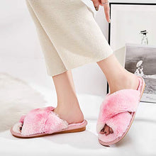 Load image into Gallery viewer, Women&#39;s Fuzzy Slippers Cross Band Soft House Slippers Indoor Outdoor Comfy Slides