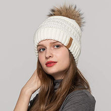 Load image into Gallery viewer, Women Winter Hat Large Raccoon Fur Pom Pom Beanie Hat Cream