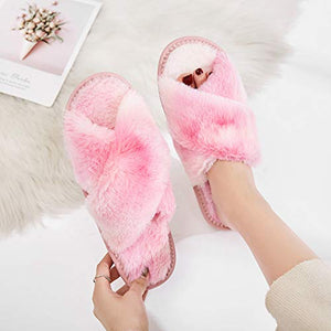 Women's Fuzzy Slippers Cross Band Soft House Slippers Indoor Outdoor Comfy Slides