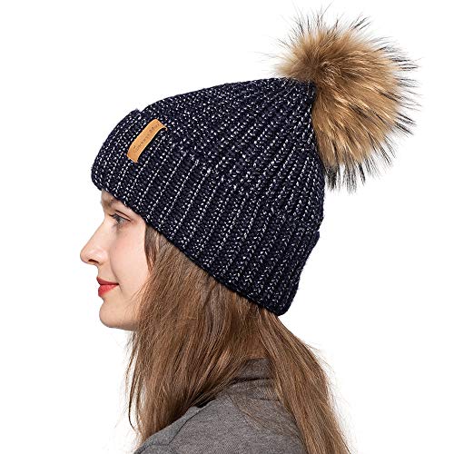 Womens Winter Hat Pom Pom Beanie Knitted Hat Real Large Raccoon Fur Ball Hat