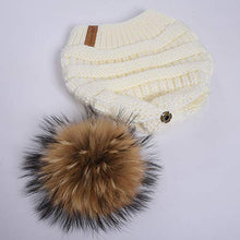 Load image into Gallery viewer, Women Winter Hat Large Raccoon Fur Pom Pom Beanie Hat Cream