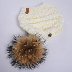 Women Winter Hat Large Raccoon Fur Pom Pom Beanie Hat Cream