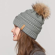 Load image into Gallery viewer, Women Winter Hat Large Raccoon Fur Pom Pom Beanie Hat Knitted Skull Caps Grey