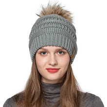 Load image into Gallery viewer, Women Winter Hat Large Raccoon Fur Pom Pom Beanie Hat Knitted Skull Caps Grey