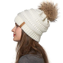 Load image into Gallery viewer, Women Winter Hat Large Raccoon Fur Pom Pom Beanie Hat Cream
