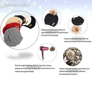Women Winter Hat Large Raccoon Fur Pom Pom Beanie Hat Cream