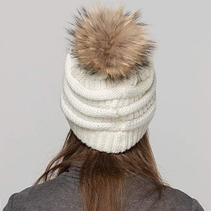 Women Winter Hat Large Raccoon Fur Pom Pom Beanie Hat Cream