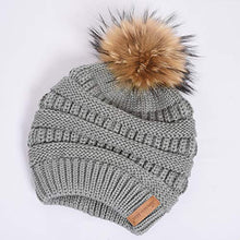 Load image into Gallery viewer, Women Winter Hat Large Raccoon Fur Pom Pom Beanie Hat Knitted Skull Caps Grey