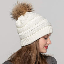 Load image into Gallery viewer, Women Winter Hat Large Raccoon Fur Pom Pom Beanie Hat Cream