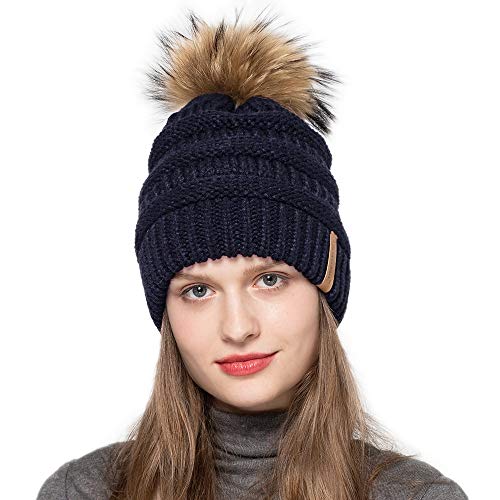 Women Winter Warm Knitted Hat Large Raccoon Fur Pom Pom Beanie Hat