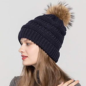 Women Winter Warm Knitted Hat Large Raccoon Fur Pom Pom Beanie Hat
