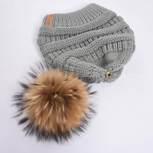 Load image into Gallery viewer, Women Winter Hat Large Raccoon Fur Pom Pom Beanie Hat Knitted Skull Caps Grey