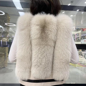 Winter Women Genuine Sheepskin Leather Fur Vests Fluffy Real Fox Fur Gilets