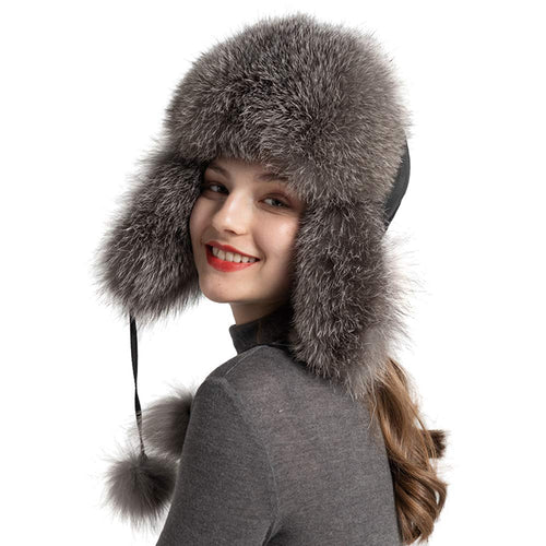 Silver Fox Fur Bomber Hat Skiing Caps Ushanka Trapper Beanie Earflap