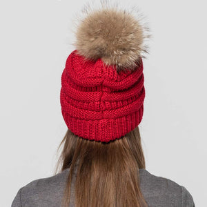 Women Winter Knitted Beanie Hat Warm Ski Caps with Raccoon Fur Pompom Red