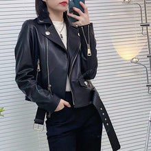Load image into Gallery viewer, Women Genuine Leather Jackets Fashion Belt Motorcycle Jackets Biker Leather Coat For Lady 2022 Sheepskin FG4046
