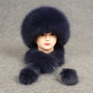 Women's Real Rex Rabbit & Fox Fur Hats Winter Warm Navy Blue Fur