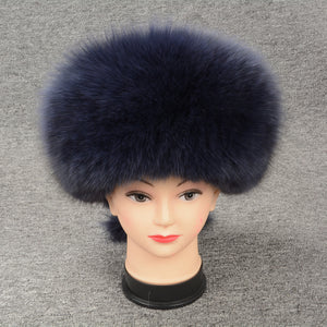 Winter Women Real Fox Fur Bomber Hats Navy Luxury Caps