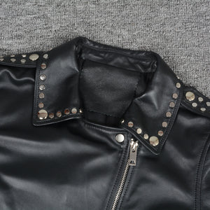 Genuine Sheepskin Leather Jackets Women Fashion Zipper Coat Black Rivet Short Jacket