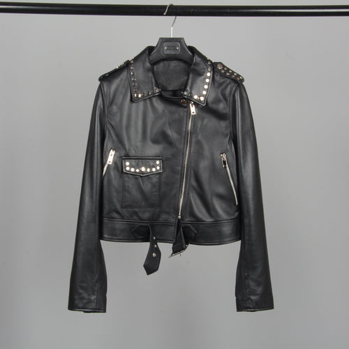 Genuine Sheepskin Leather Jackets Women Fashion Zipper Coat Black Rivet Short Jacket