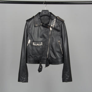 Genuine Sheepskin Leather Jackets Women Fashion Zipper Coat Black Rivet Short Jacket