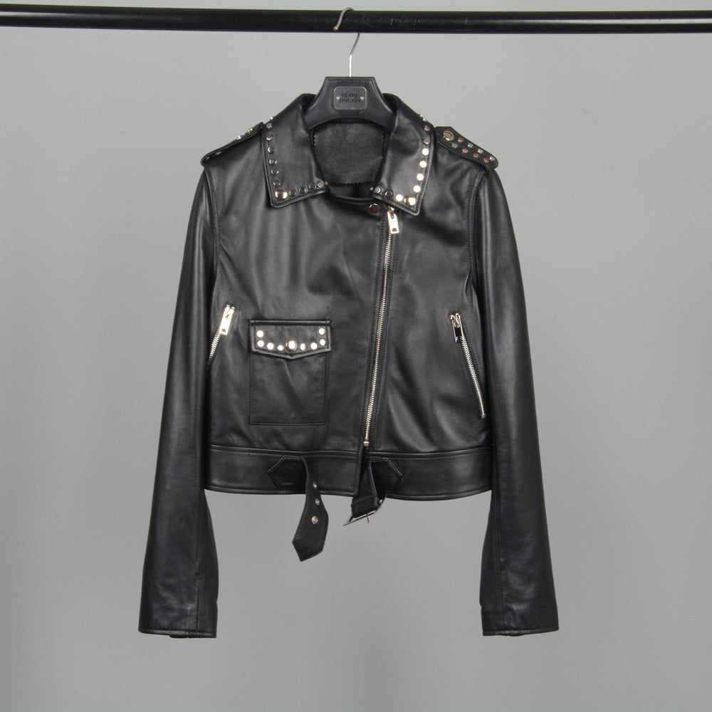 Genuine Sheepskin Leather Jackets Women Fashion Zipper Coat Black Rivet Short Jacket