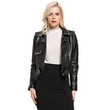 Load image into Gallery viewer, Genuine Sheepskin Leather Jackets Women Fashion Zipper Coat Black Rivet Short Jacket
