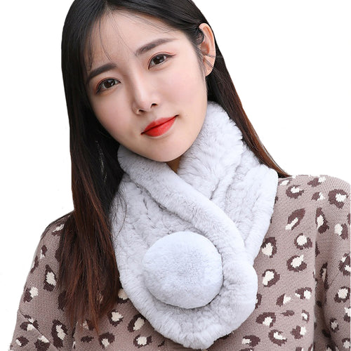 Women Winter Knitted Scarf Rex Rabbit Fur Collar Warm Neck Light Grey Pompoms