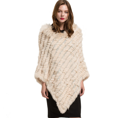 Real Rabbit Knitted Shawl Raccoon Fur Collar Large Women Beige Cape