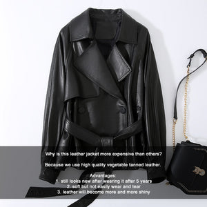 Lady Fashion Vegetable Tanned Leather Jacket New Styles Genuine Sheepskin Leather With Belt Women Motorcycle Biker Coats CL4013
