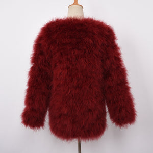 Women Real Fur Coat Long Style Genuine Ostrich Feather Fur Jacket Wine Red