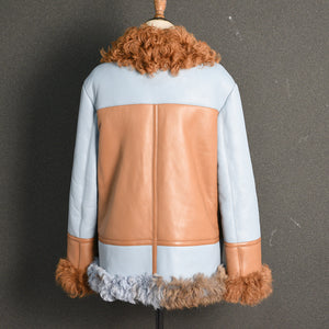 Women's Genuine Sheepskin Leather Jacket Tuscan Wool Coats Blue and Coffee