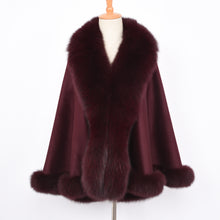 Load image into Gallery viewer, Women Real Fox Fur Poncho Cashmere Capes Winter Wine Red Cloak