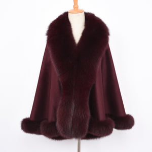 Women Real Fox Fur Poncho Cashmere Capes Winter Wine Red Cloak