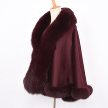 Load image into Gallery viewer, Women Real Fox Fur Poncho Cashmere Capes Winter Wine Red Cloak