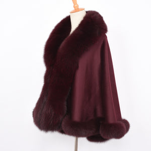 Women Real Fox Fur Poncho Cashmere Capes Winter Wine Red Cloak