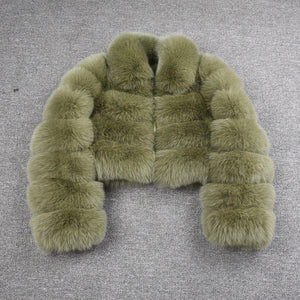 Women Real Fox Fur Collared Cropped Coat with Long Sleeves