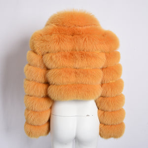 Women Real Fox Fur Collared Cropped Coat with Long Sleeves Orange